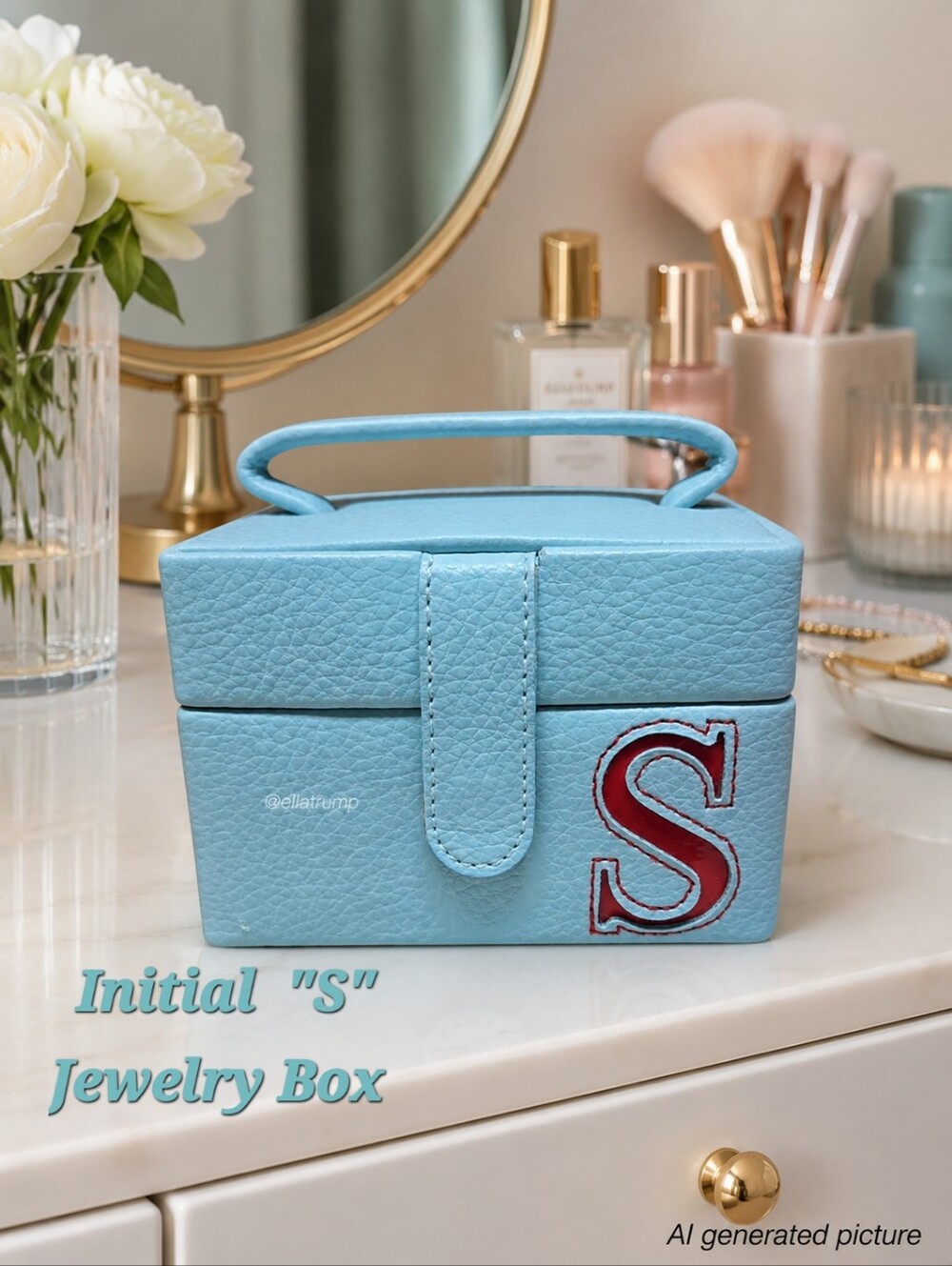 Small Turquoise Initial "S" Jewelry Travel Organizer Box 4x3.5x3"